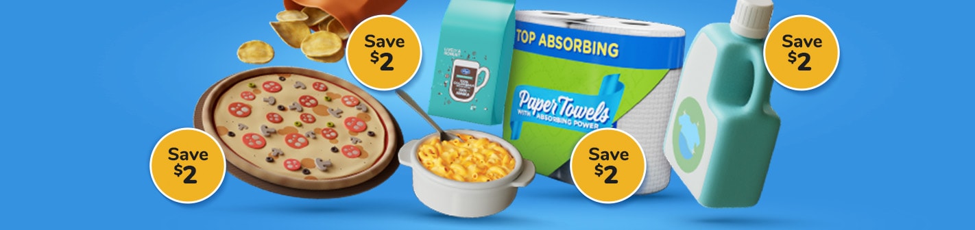 Chips, Pizza, Pasta, Coffee, Paper Towels and Detergent on sale