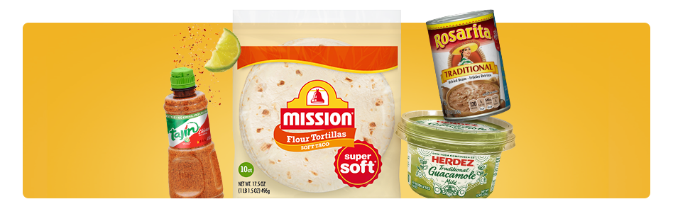 yellow background with tortillas, beans and dips