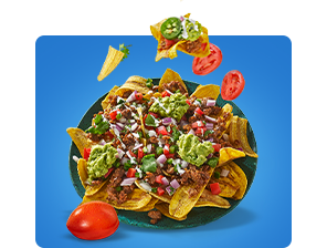 yellow background with plated plantain nachos