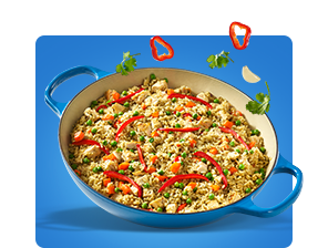 yellow background with plated arroz con pollo