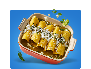 yellow background with plated enchiladas