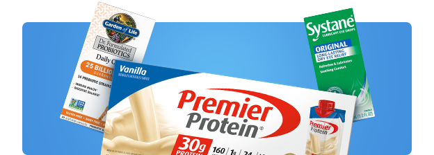 Garden or Life Probiotics, Premier Protein Shakes and Systane Eye Drops