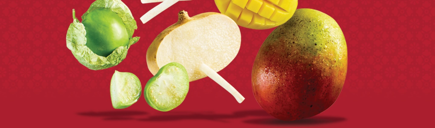Floating tomatillos, jicama and mango.