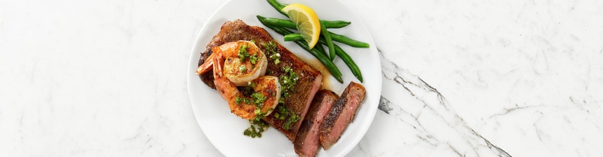 Seared Strip Steaks and Shrimp with Chimichurri