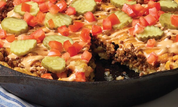 Cheeseburger casserole in a cast iron skillet