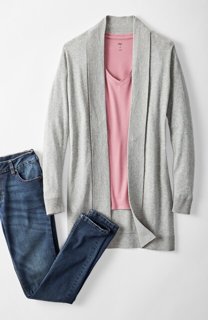 cardigan, v-neck tee, mid-rise jeans