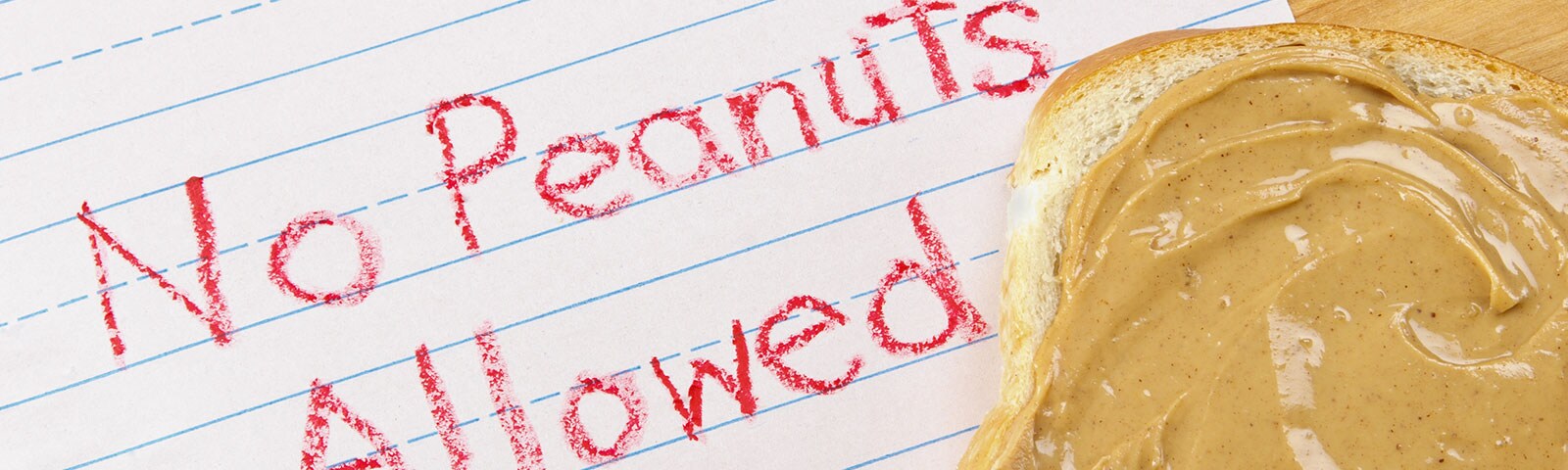 No Peanuts Allowed written on a piece of paper in crayon with a piece of bread slathered in peanut butter sitting on top of it No Peanuts Allowed written on a piece of paper in crayon with a piece of bread slathered in peanut butter sitting on top of it
