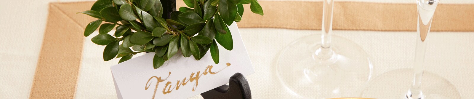 Close crop of a name card sitting in a black holder with the name Tanya written in gold ink
