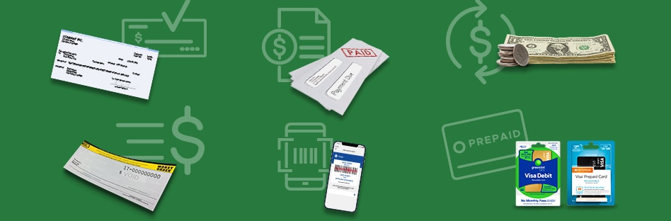Consolidated representation of all the money services available at Jay C Food Stores including check cashing, bill pay, money transfers, money orders, account funding, and prepaid cards.